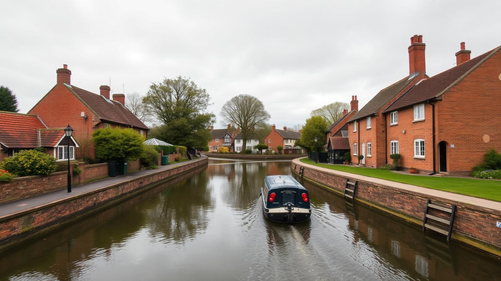 The Trent and Mersey canal passing brick cottages in Armitage village
