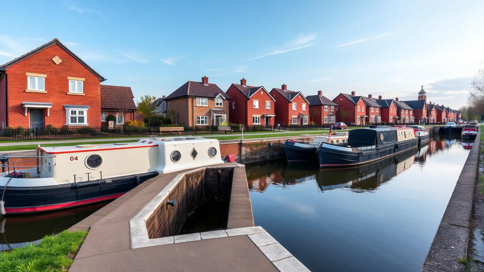 Fradley Junction canal locks and narrowboats beside modern village housing