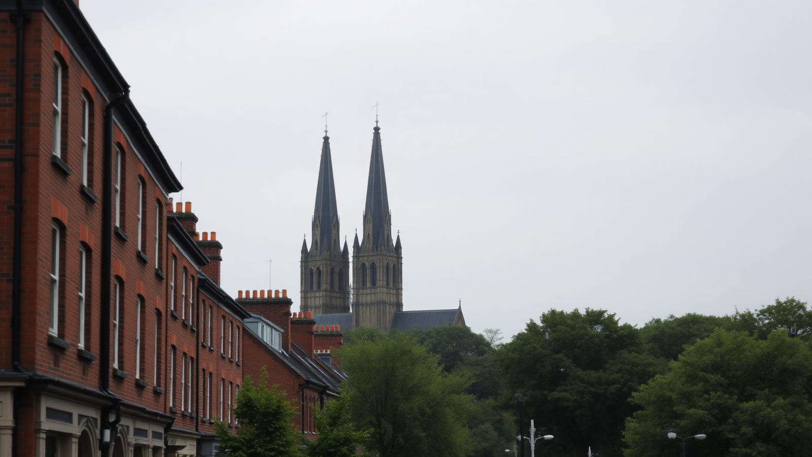 The three spires of Lichfield Cathedral above Georgian brick streets
