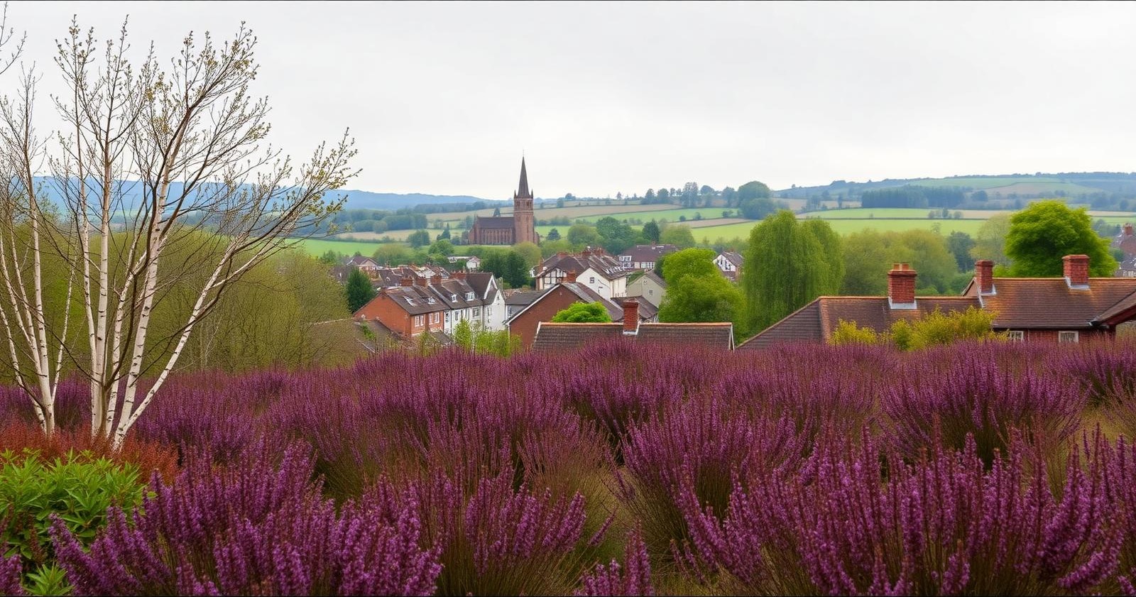 Cannock Chase heathland looking down over the rooftops of Rugeley